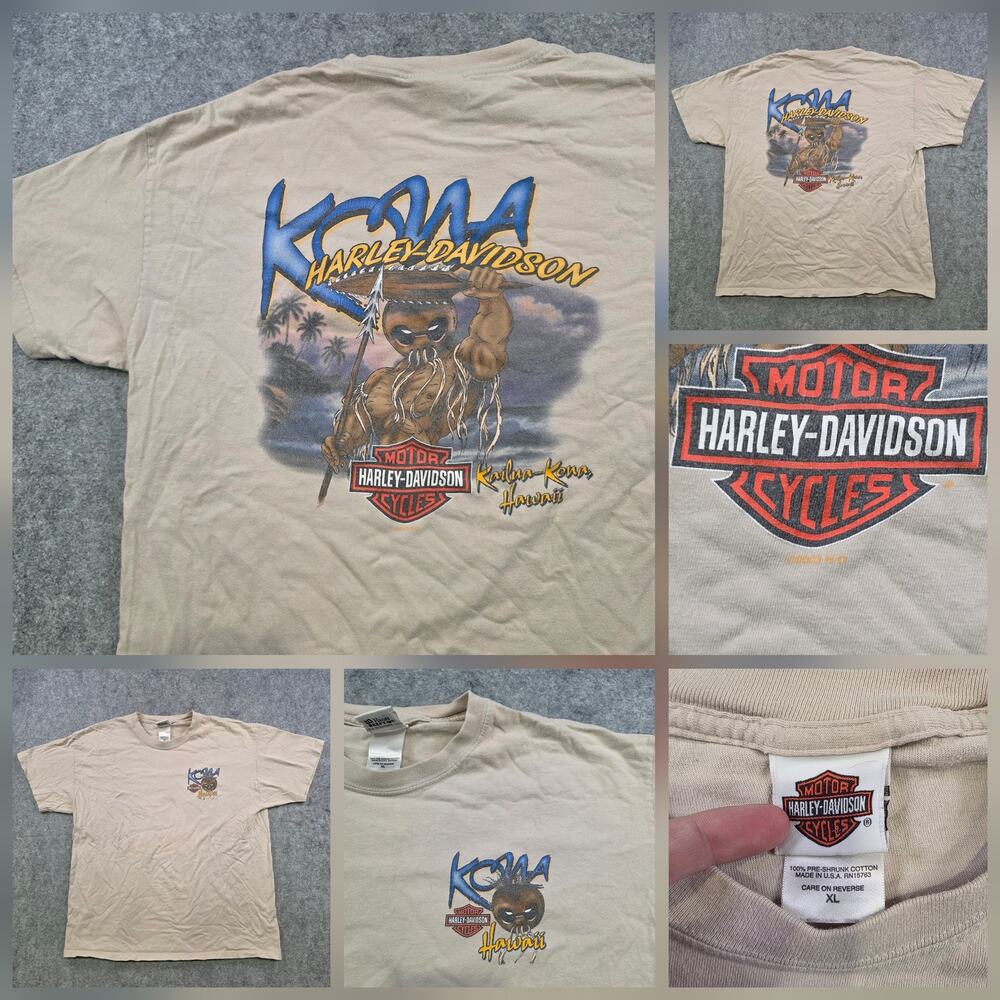 VTG Y2K Harley Davidson Motorcycles T Shirt Mens XL Beige Kona Hawaii Tiki